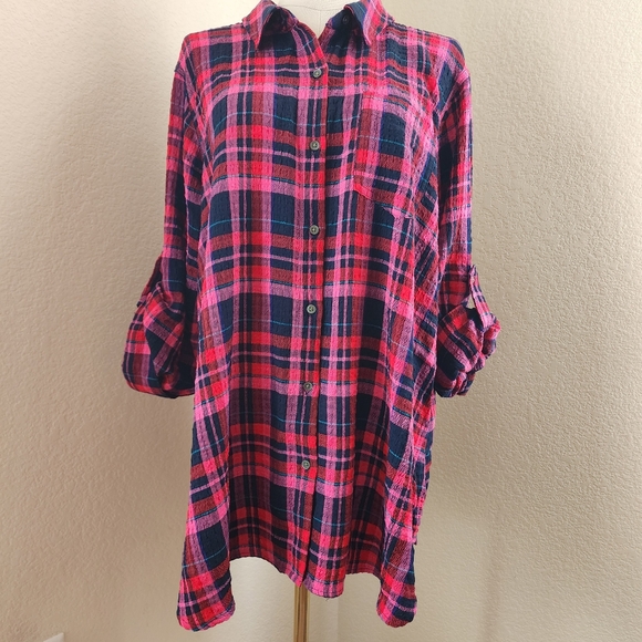 Intro 3/4 rolled sleeve plaid button-up collared over-shirt, sz XL - Picture 2 of 12